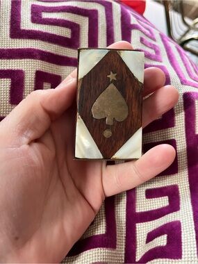 Vintage Handcrafted Wood, Brass & Mother-of-Pearl Spade Emblem Box